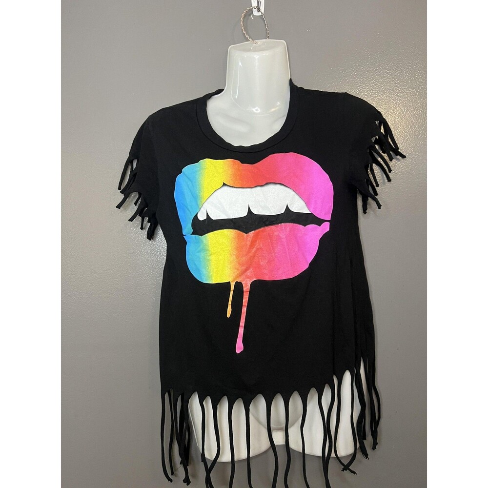 Onfire Shirt Womens Small Black Rainbow Lips Fringe Pride Graphic Tee Top